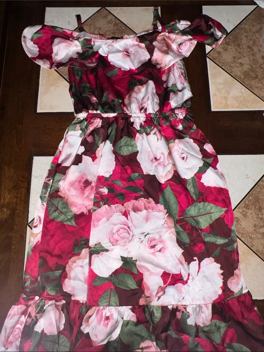 The Children's Place Pink, Burgundy and Green Floral Off-Shoulder Dress